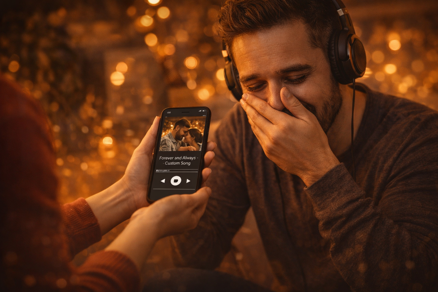 Teléfono con una canción personalizada sonando junto a unos audífonos